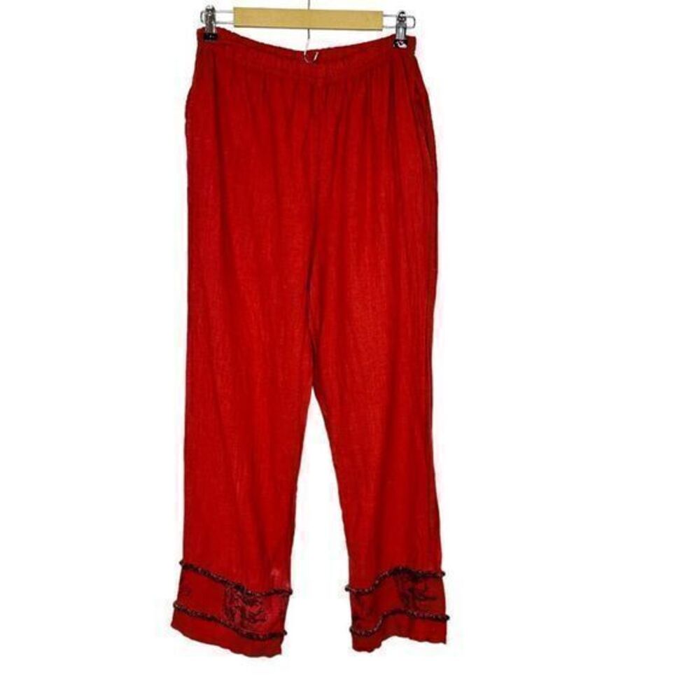 Womens Linen Boho fringe Pants Small Rust Red High Rise Pull On Elastic Waist